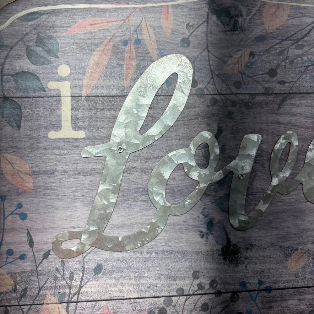 I Love Us Wall Decor‎ Sign Galvanized Metal Script Rustic Wood Look Art